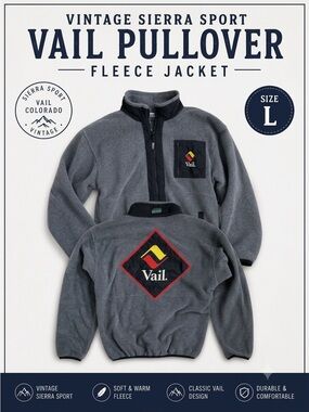 SIERRA SPORT Vintage 90s Vail Ski Resort Fleece Pullover Jacket  Deep Zip Mens L